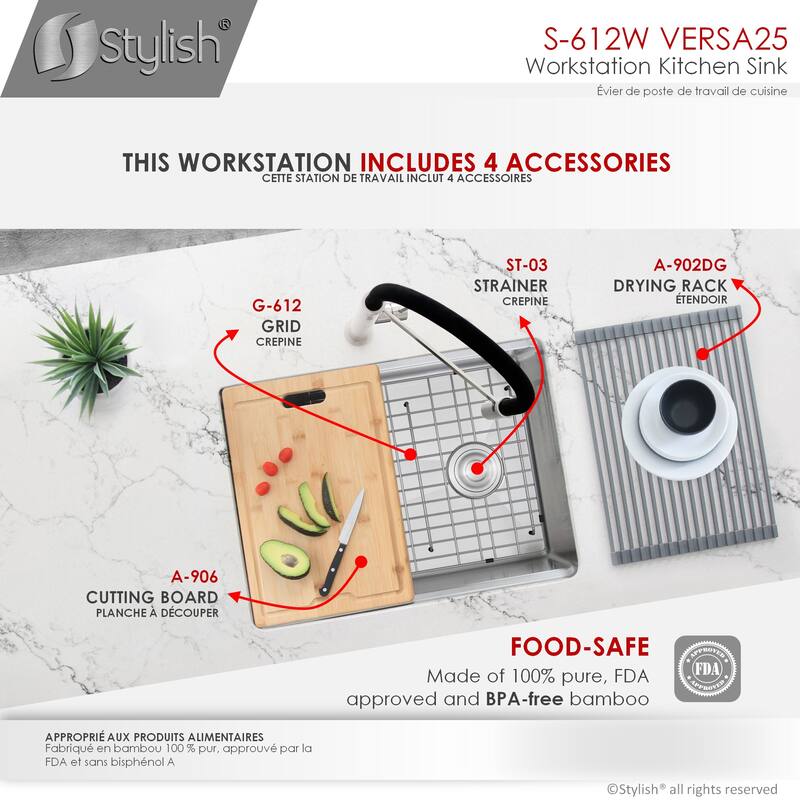 STYLISH 25 inches Workstation Single Bowl Undermount 16 Gauge Stainless Steel Kitchen Sink with Built in Accessories Handmade