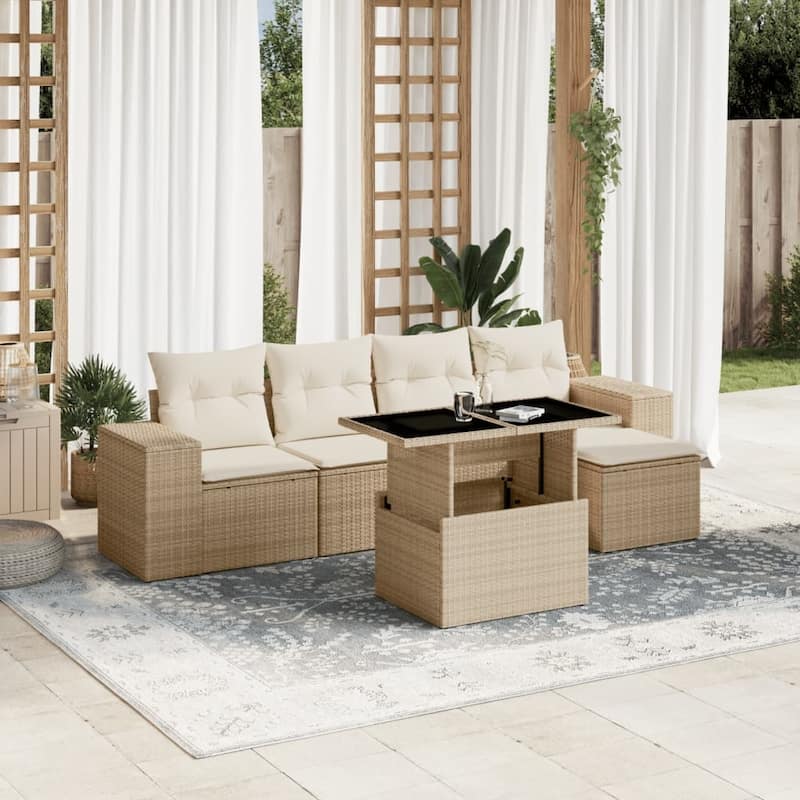 vidaXL Patio Sofa Set with Cushions Outdoor Furniture 6 Piece Poly Rattan - 21.7 x 39.4 x 28.7 - Beige and Cream-without storage