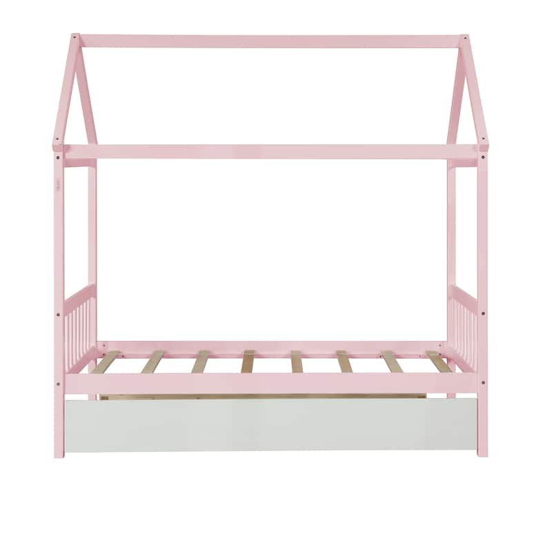 Twin Size Solid Wood House Bed Frame with Trundle and Roof for Kids, Boys and Girls