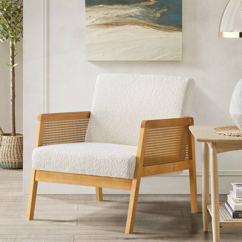 Mid-Century Lounge Chair - Solid Wood Frame - Linen/Shepa Optional - White(Sherpa)