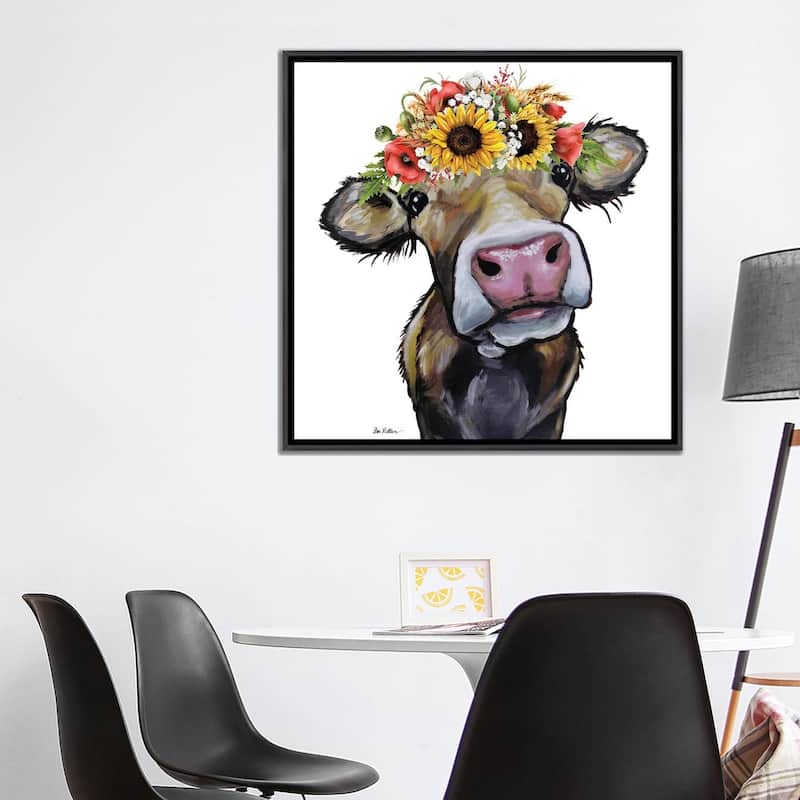 iCanvas "Cow Sunflower Art, Hazel" by Hippie Hound Studios Framed