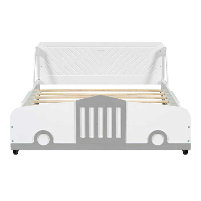 Children's Full Size Platform Bed, Car-Shaped Wooden Bed with Wheels