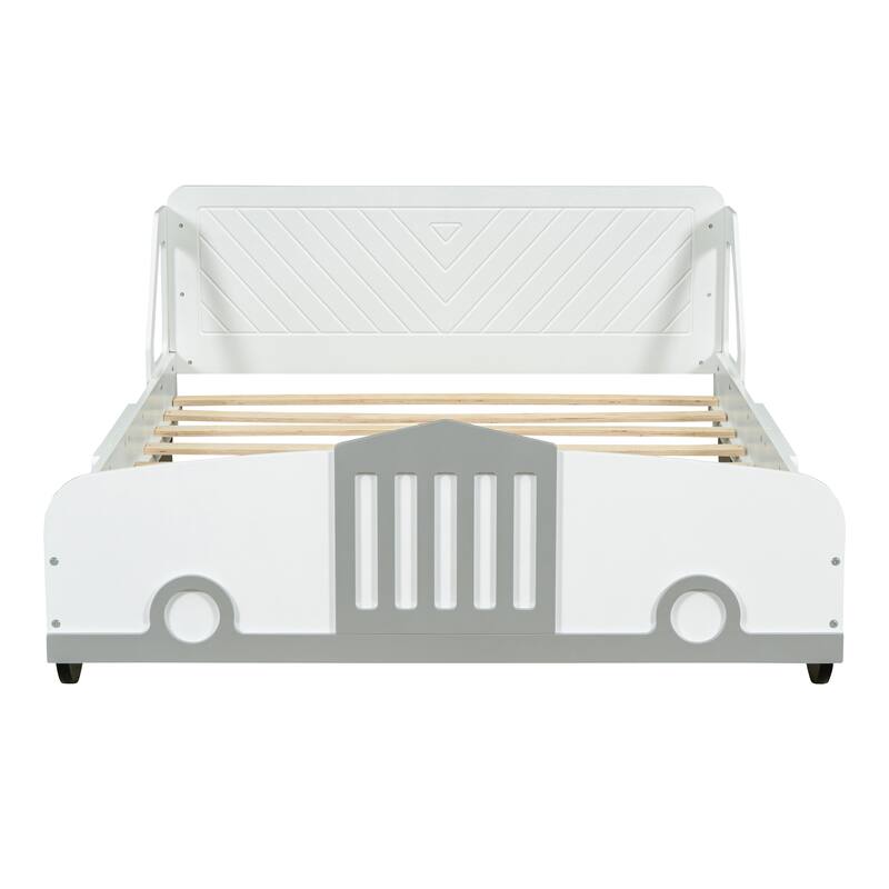 Full Size Car-Shaped Platform Bed with Wheels in White