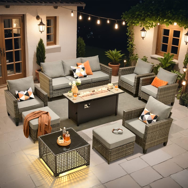 OVIOS 9 Pieces Patio Furniture Set with Solar-Powered Table & 54" Fire Table