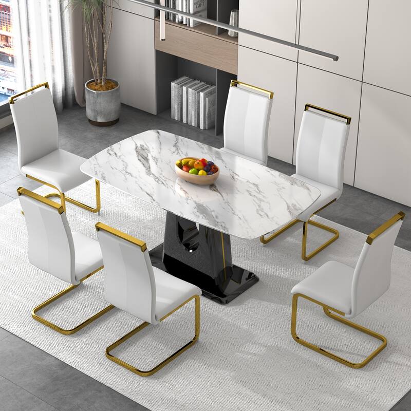 1 table and 6 chairs. Modern, simple and luxurious white imitation marble rectangular dining table