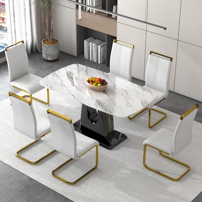 1 table and 6 chairs. Modern, simple and luxurious white imitation marble rectangular dining table