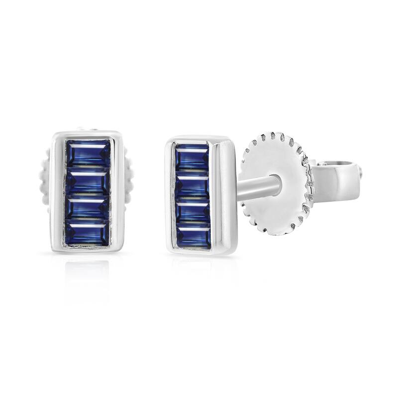 Joelle Collection Gemstone & Baguette Stud Earrings 14K Gold Emerald, Ruby & Sapphire Option - Blue - Sapphire - White