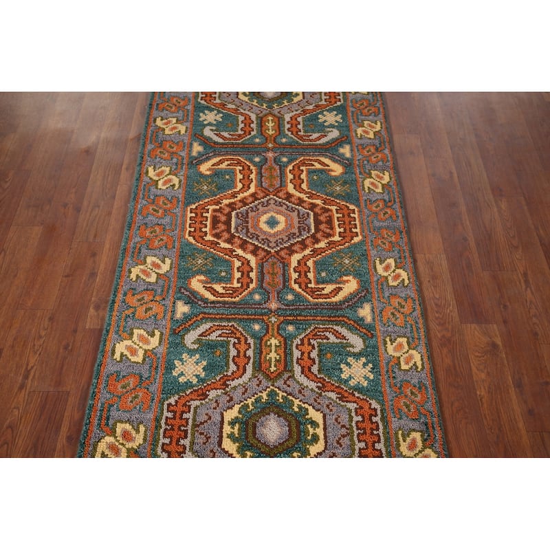 Green Geometric Kazak Indian Runner Rug Hand-Knotted Wool Carpet - 2'5"x 9'9"