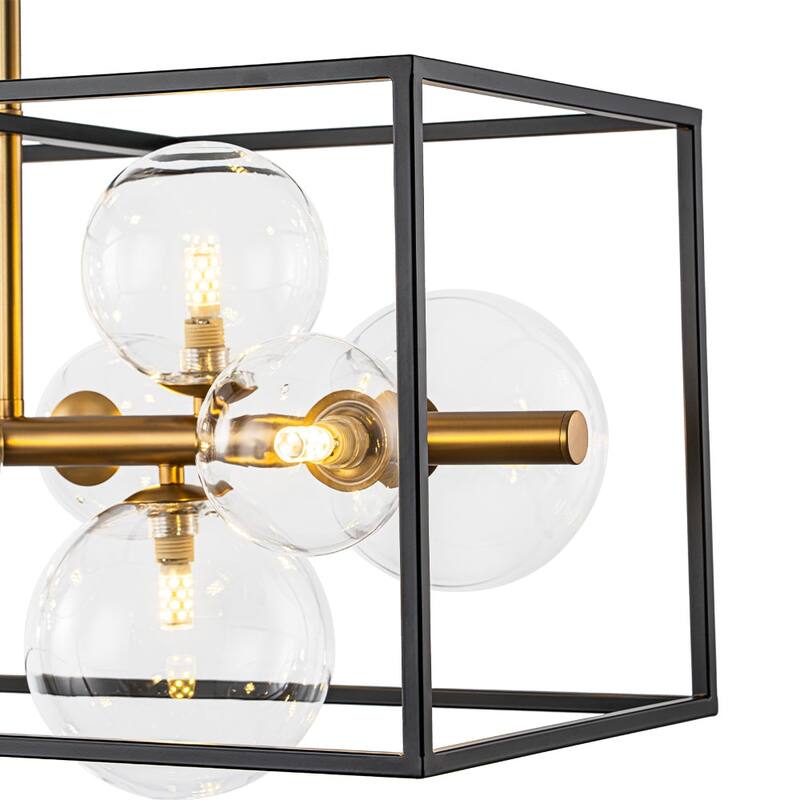 12-Light Modern Rectangle Island Chandelier With Clear Glass Globe - Black & Gold - 31.7in