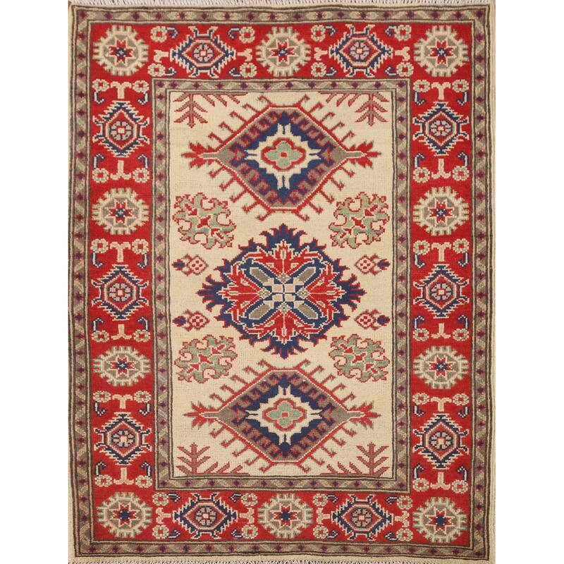Geometric Kazak Accent Rug Hand-Knotted Beige Wool Carpet - 3'2" x 4'1"