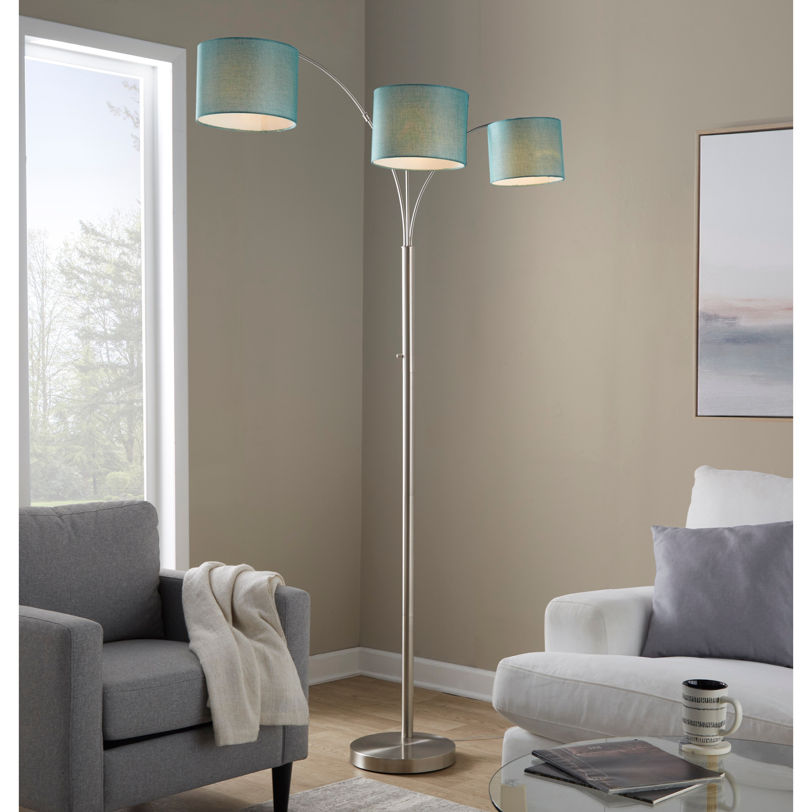 84" Metal Floor Lamp with Three Lights & Linen Shades