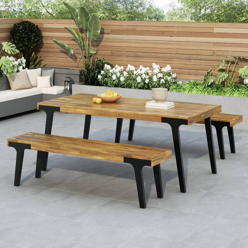 Roomfitters 3-Piece Outdoor Dining Set, Acacia Wood Table with 2 Benches, Metal Legs Patio Furniture in Natural Brown