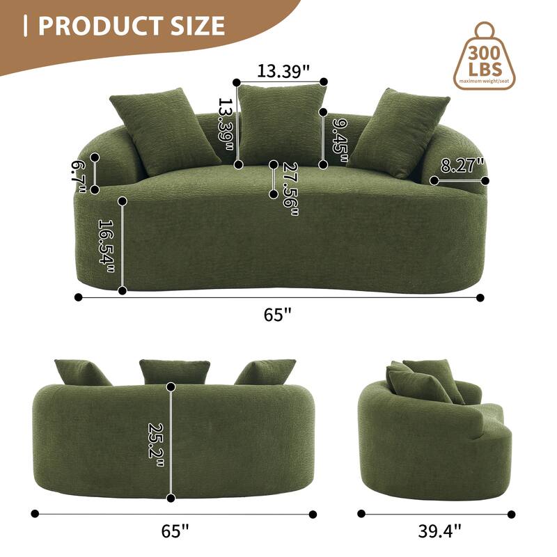 Chenille Curved Loveseat Sofa, Full Compression Sponge Sofa with 3 Pillow