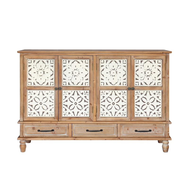 59in Natural Wood Accent Cabinet 4 Doors 3 Drawers Adjustable Shelves for Living Room Kitchen Durable MDF