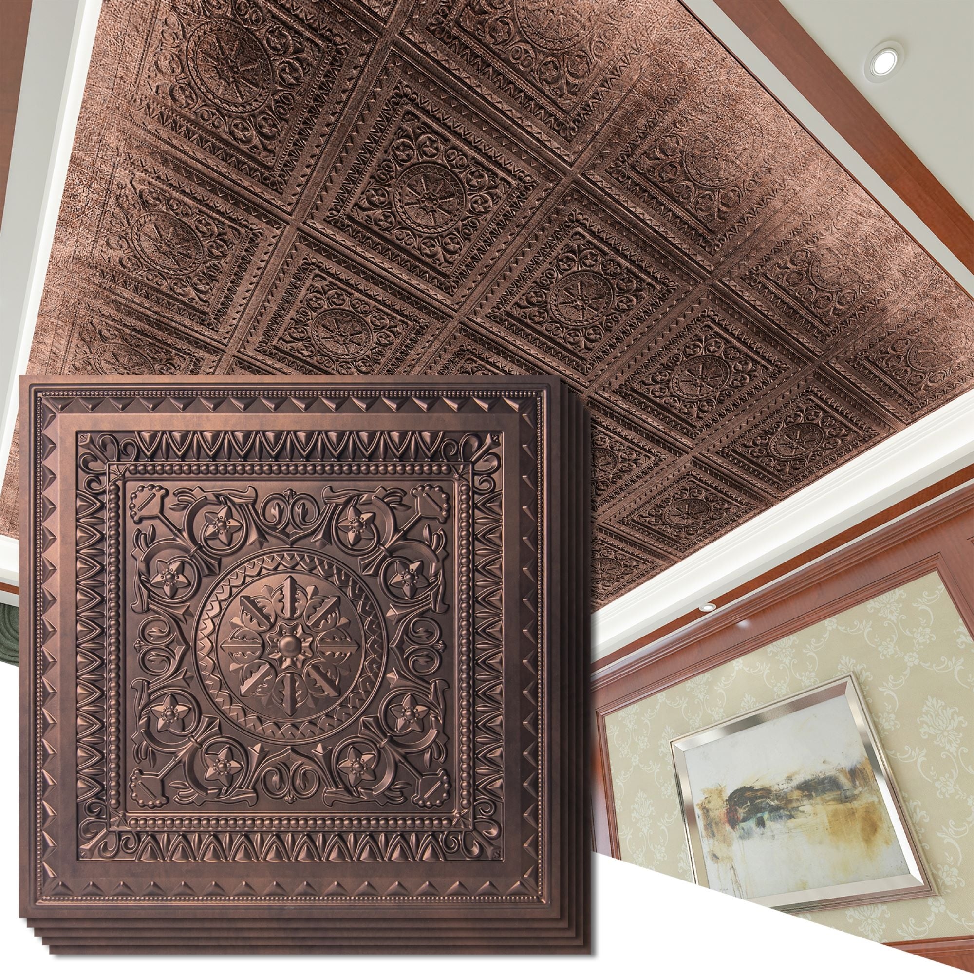 thumbnail image 2 of Art3d Antique Copper PVC Ceiling Tiles - Fancy Classic Style, 2x2 Ft, 12-Pack 2 of 3