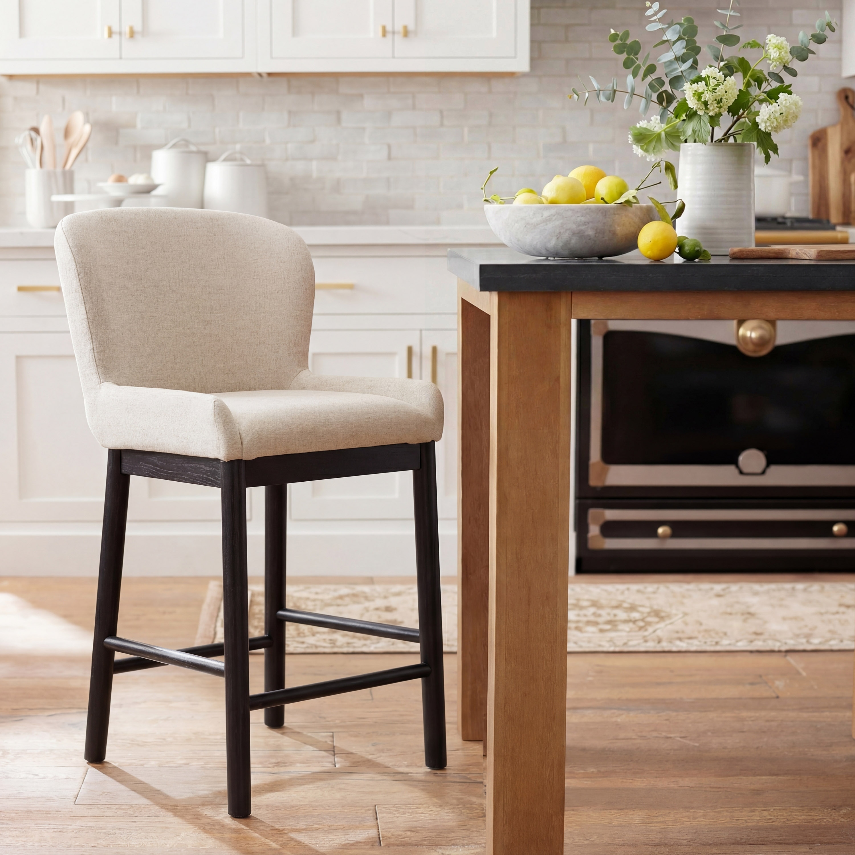 Archer Black Upholstered Bar Stool with Curved Back and Ivory Fabric Seat