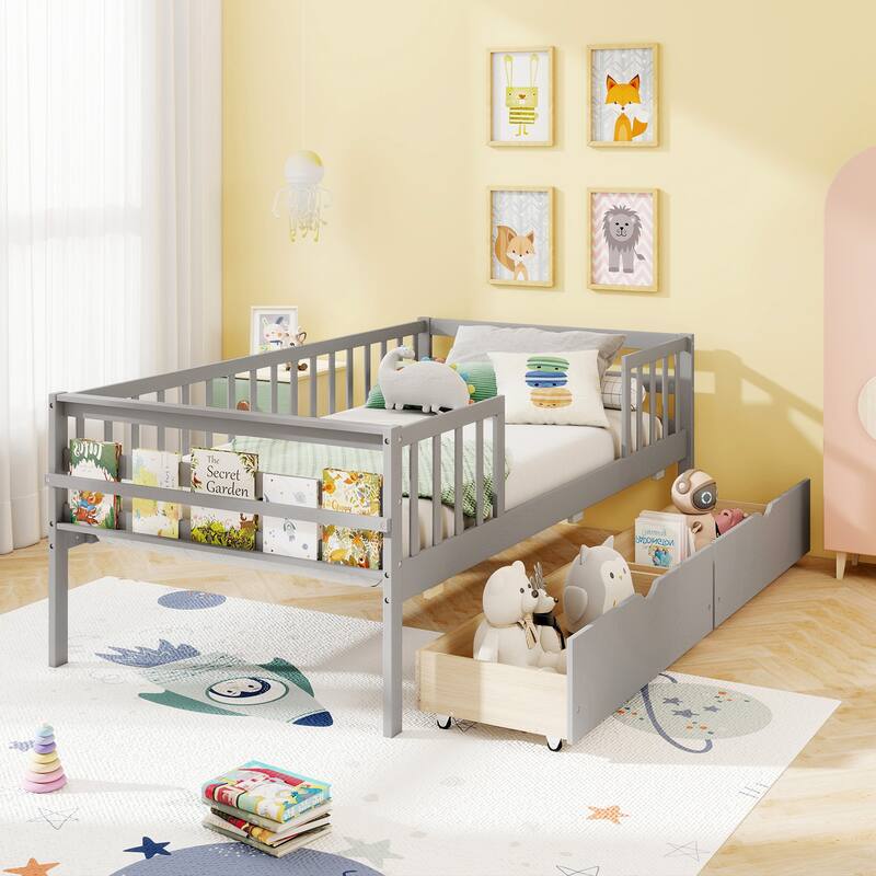 Gymax Twin Size Kids Bed w/Storage 2 Pull-out Drawers Side Shelf for