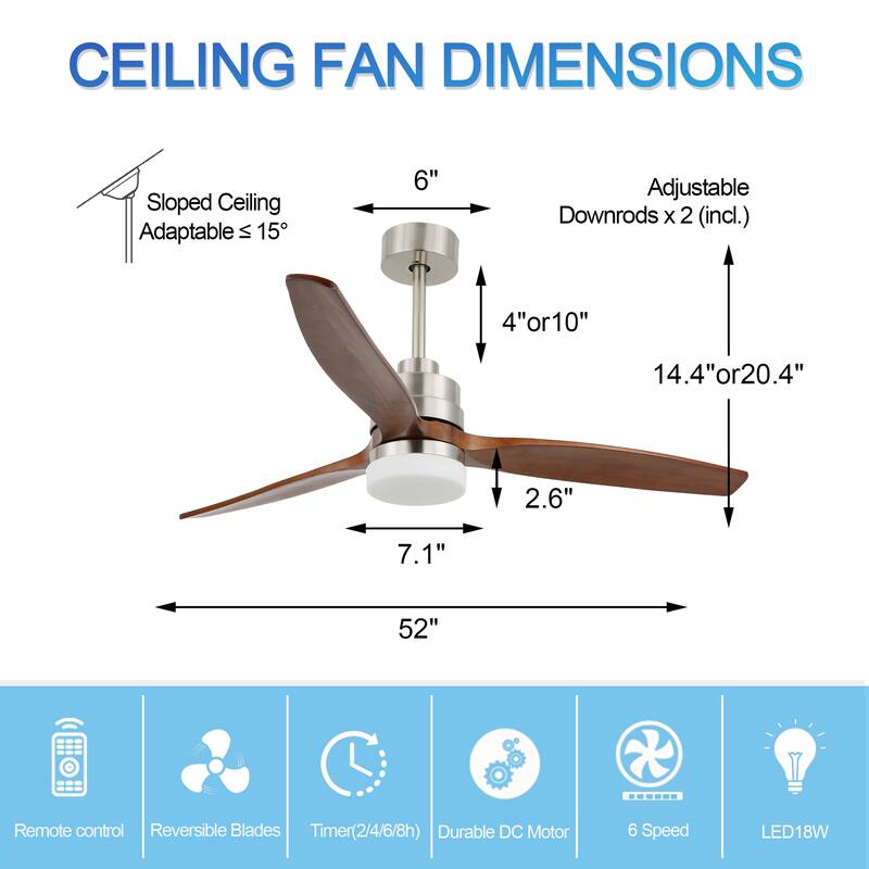 CurveCurio 52'' Indoor Classical LED Sliver Ceiling fan with LED light and Remote, DC Motor, 3 Wood Blades - 52 inches