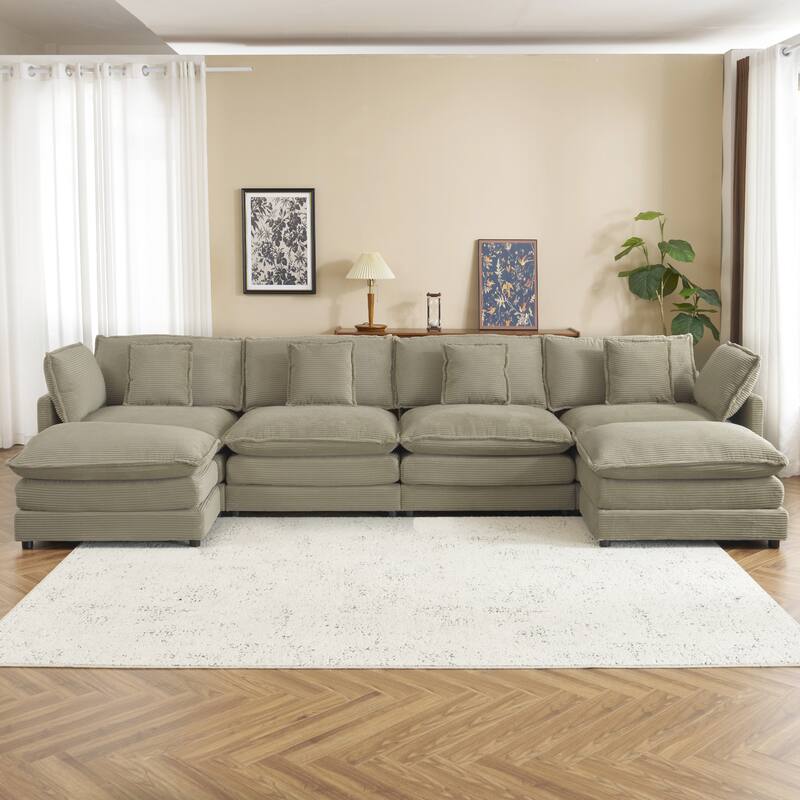 149.6" Corduroy U-Shaped Sectional Sofa with Ottomans
