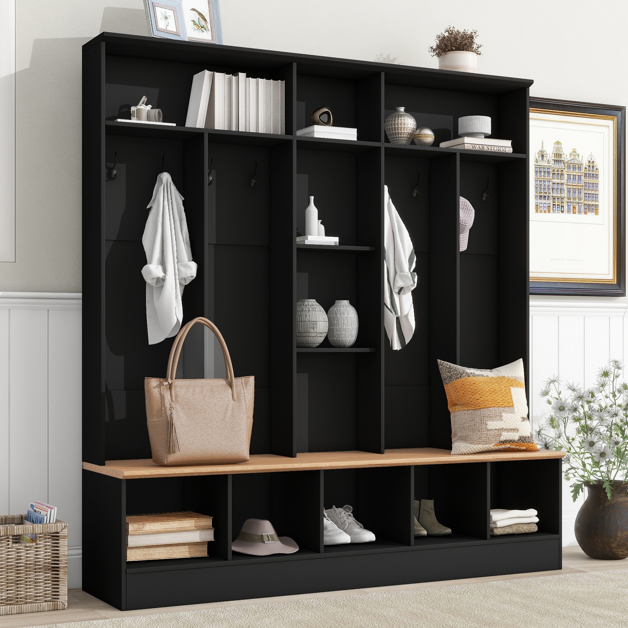 Wide Design Hall Tree with Storage Bench, Shoe Cabinet with Cube Storage & Shelves with 8 Hooks for Entryways