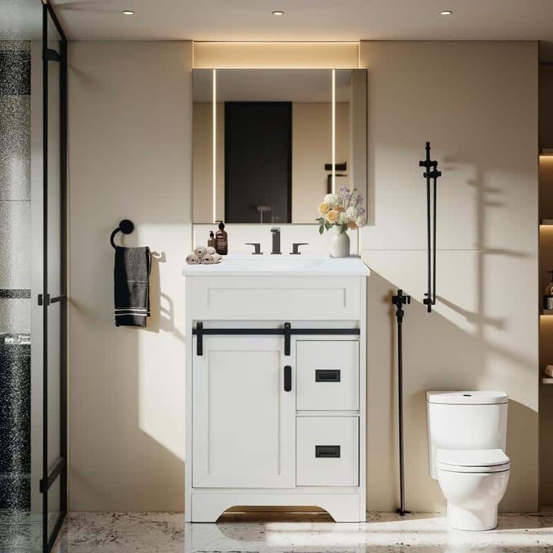 Freestanding White Farmhouse Bathroom Vanity Featuring A Single Undermount Sink Combo,Sliding Barn Doors,And Two Storage Drawers