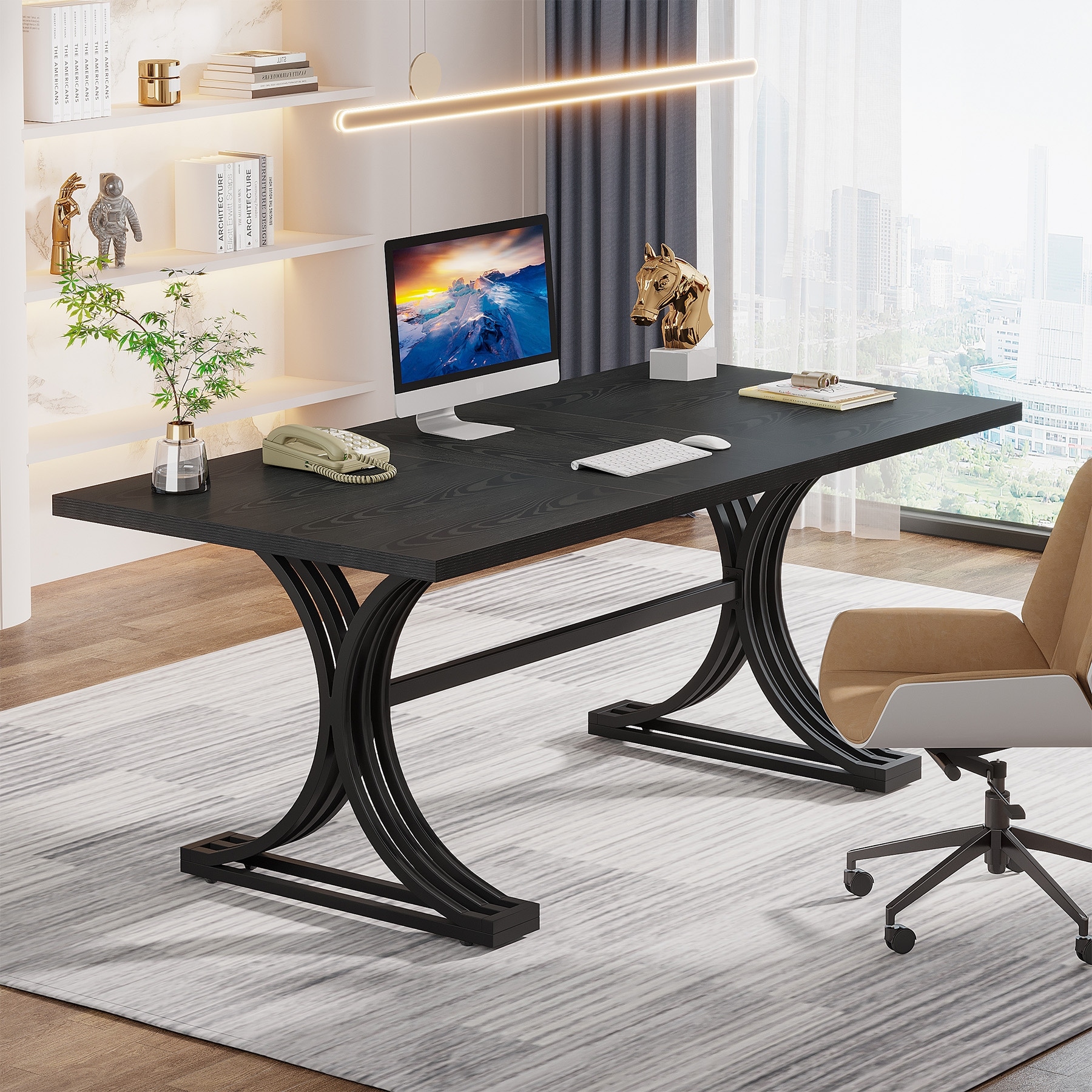 63" Large Rectangular Executive Desk, Wood Faux Marble Table, Business Computer Desk for Home Office