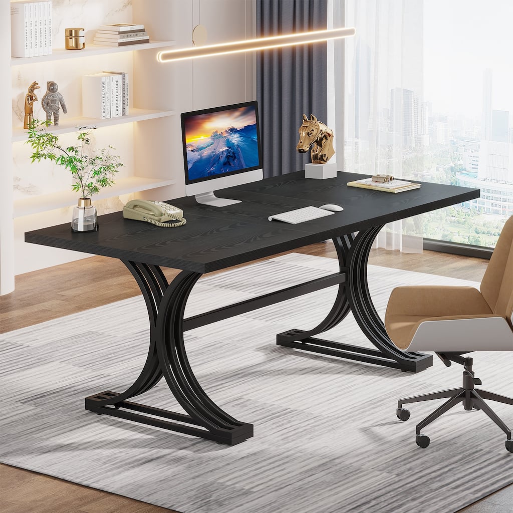 63" Large Rectangular Executive Desk, Wood Faux Marble Table, Business Computer Desk for Home Office