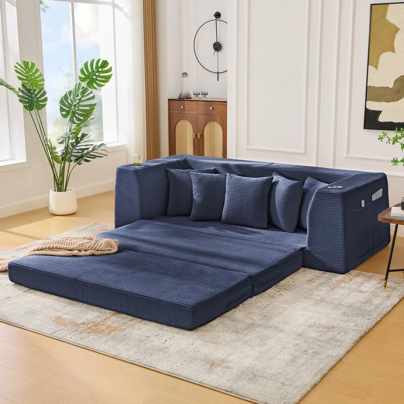 2 in 1 Convertible Sofa Bed, Sleeper Sofa with Storage Pockets, Pull Out Loveseat Couch with Two Cup Holders