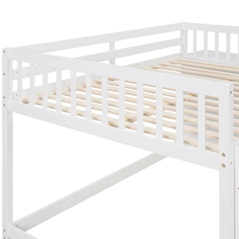 Floor Bunk Bed with Movable Storage Cabinet, Solid Wood Bunkbeds Frame