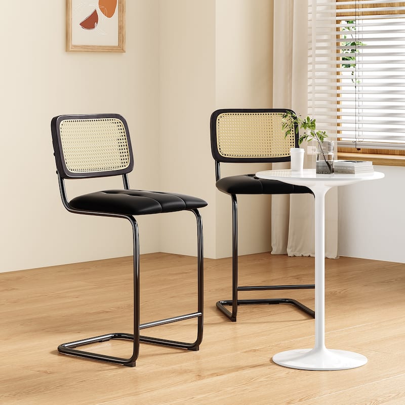 Counter Height Bar Stools Set of 2, Upholstered PU Leather Barstools with Rattan Back, 26 inch Stools Armless Bar Chairs