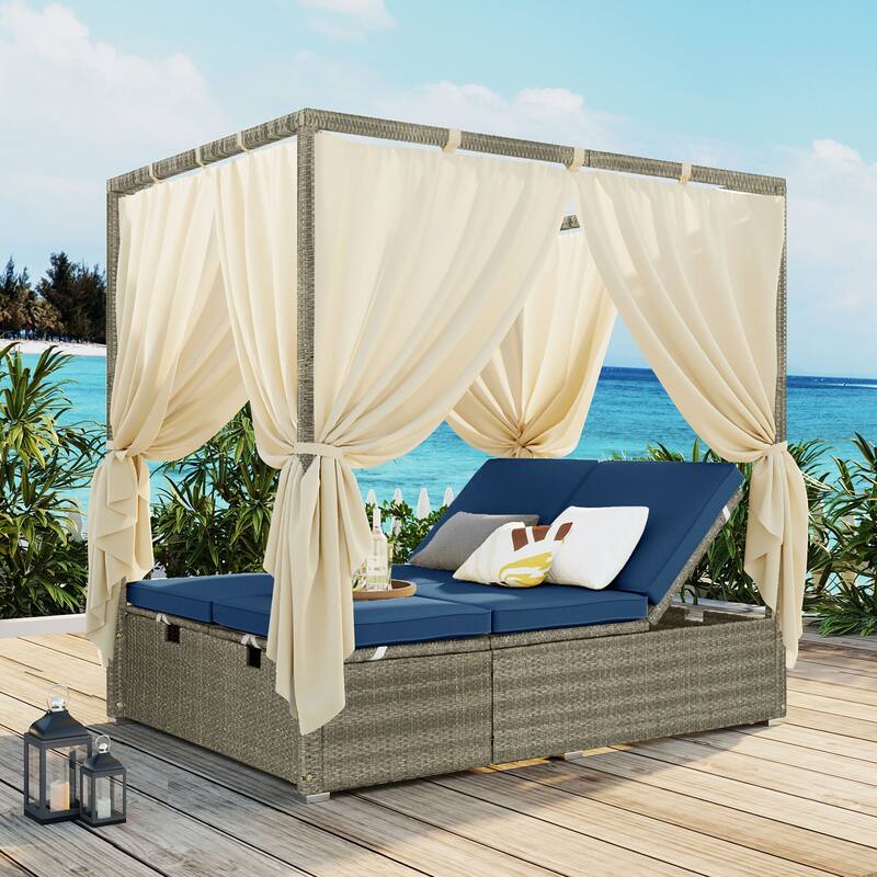High Comfort Style Adjustable Sun Bed with Curtain for Patio, Balcony or Backyard - Blue