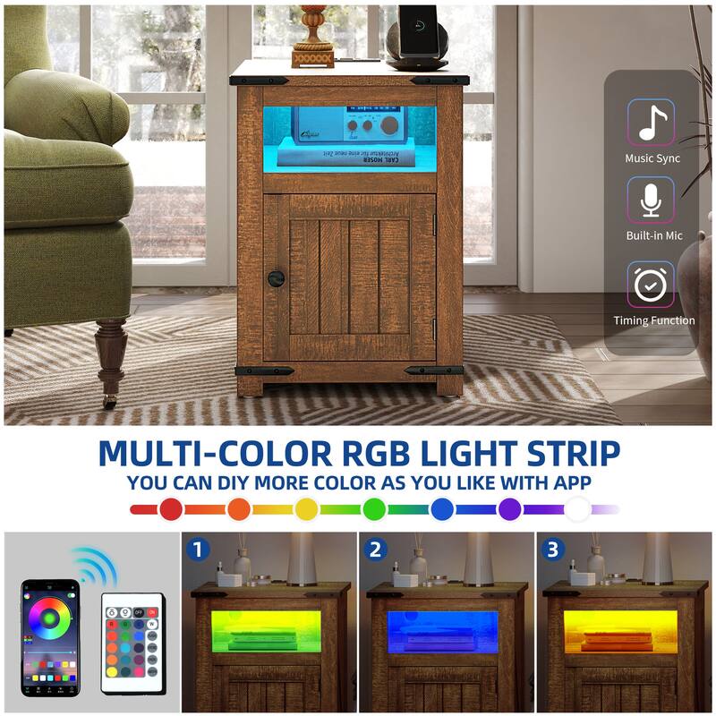 Moasis Farmhouse 3-tier Chairside End Side Table with LED and Charging Station USB Ports
