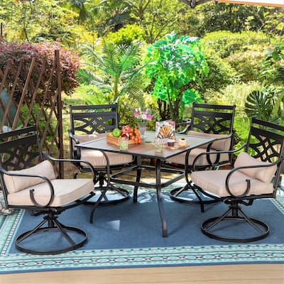 Wood-look Table and 4 Pattern Swivel Chairs with Cushion 5-Piece Metal Outdoor Patio Dining Set