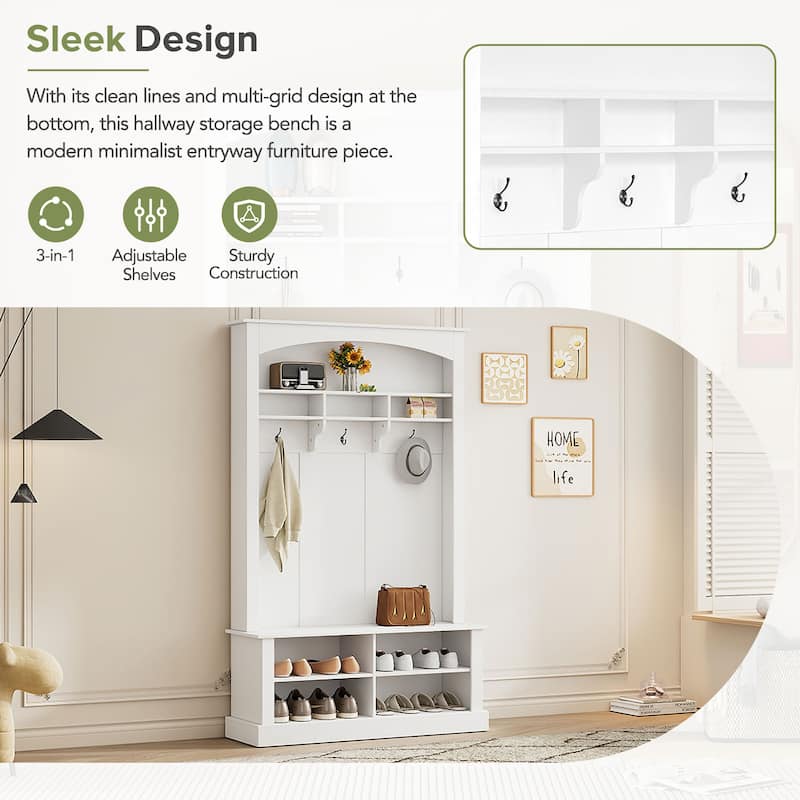 Hall Tree with Bench & Shoe Storage, Multi-functional Storage Bench w/ 3 Hanging Hooks & Open Storage Space, Rectangle Coat Rack