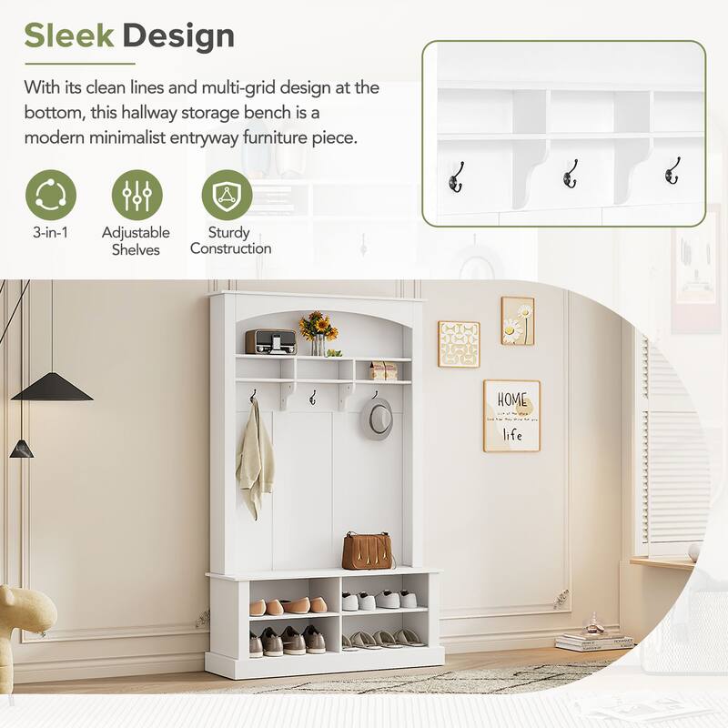Rectangular Mudroom Hall Tree Storage Bench with Shoe Storage, Stylish Coat Rack Bench with Open Shelves for Entryway