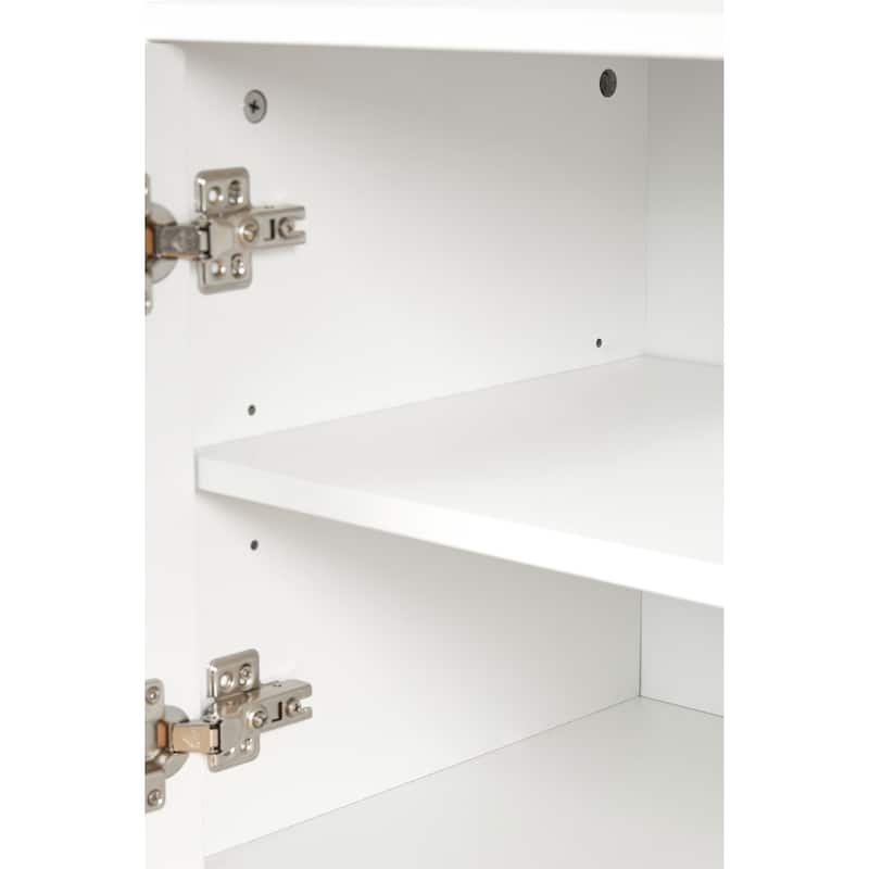 White 70" TV Stand with Wood Legs, Cabinets & Shelves for TVs Up to 78"