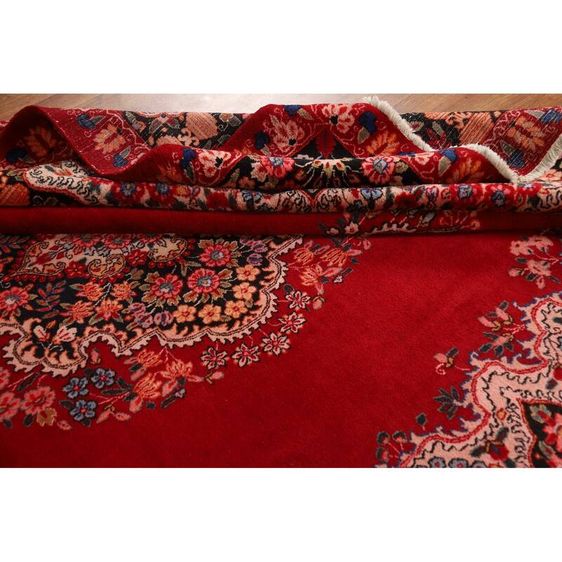 Red Medallion Kerman Persian Vintage Area Rug Handmade Wool Carpet - 9'2"x 12'8"