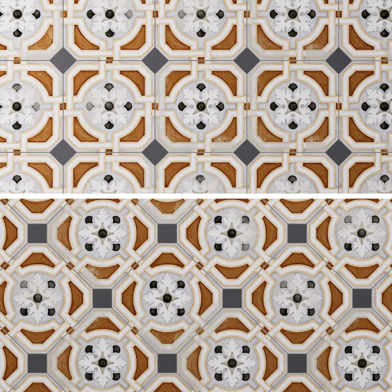 Merola Tile Vaudeville Octagon Deco Zimer with Taco Antracita 7-7/8" x 7-7/8" Porcelain Floor and Wall Tile