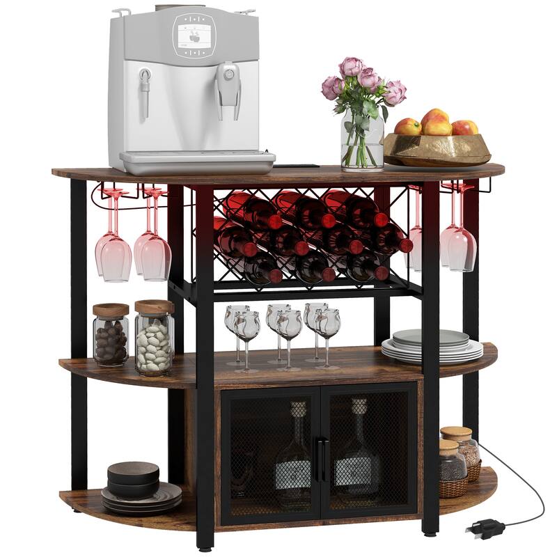 Liquor Cabinet Bar Stand with 10-Bottle Wine Rack, Glass Holders, Wine Bar Cabinet with Charging Station and LED Lights