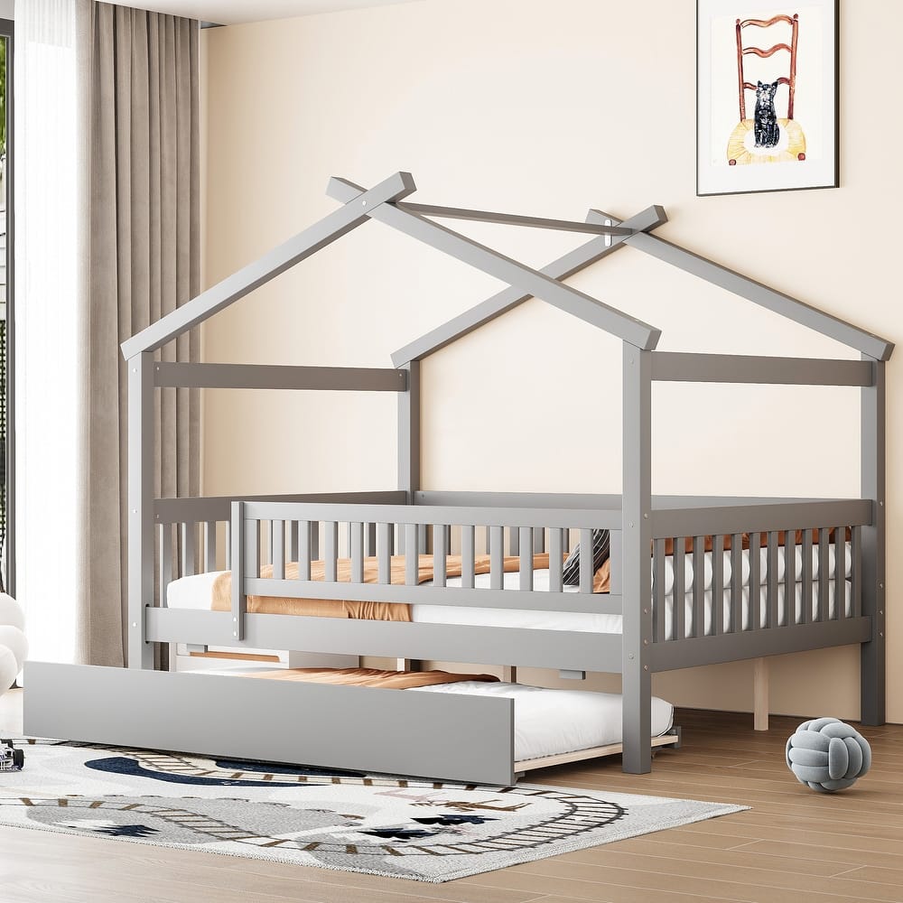 Montessori Bed House Bed with Trundle Bed and Headboard, Wood Daybed Platform Bed Frame No Box Spring Needed for Boys Girls