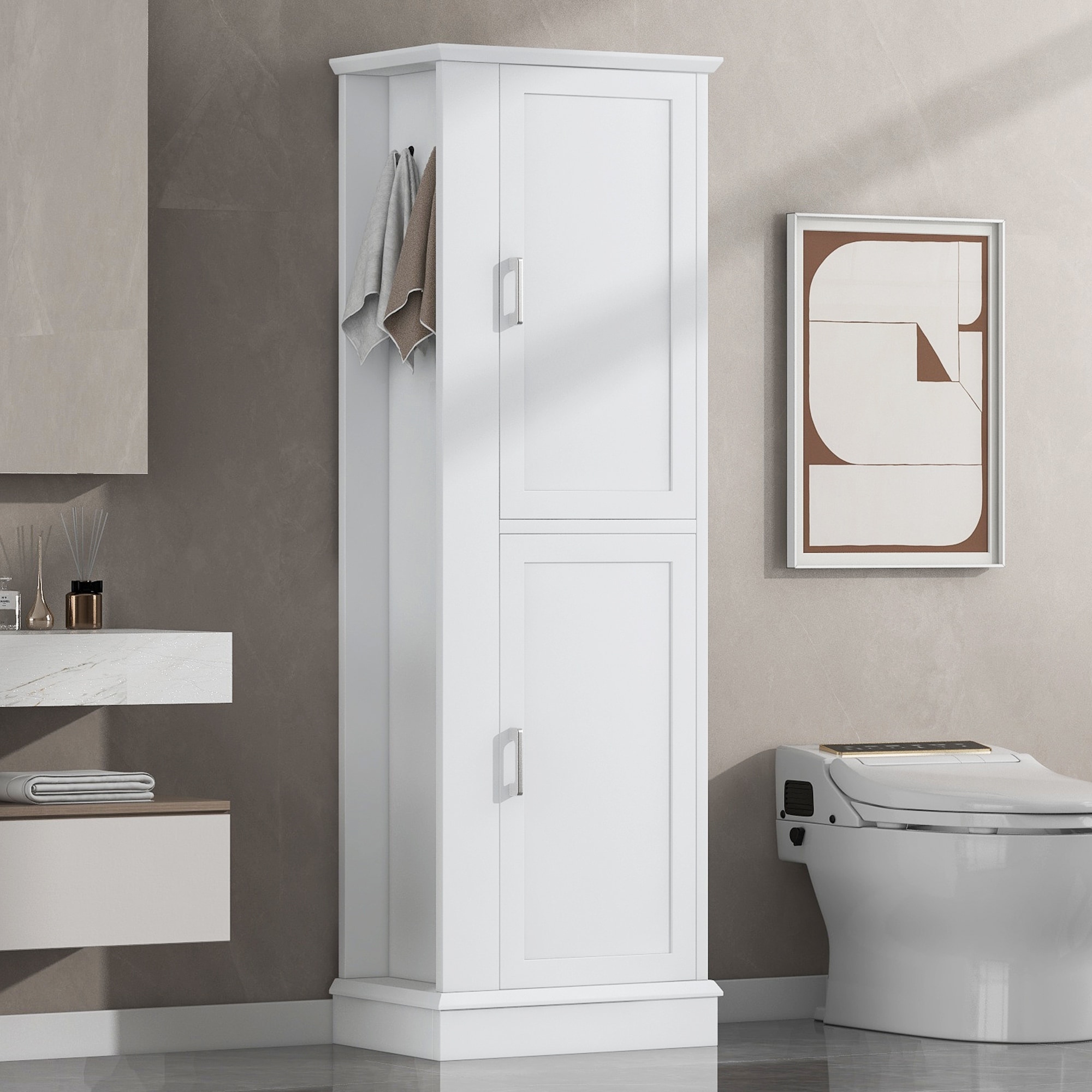 GDFStudio - Arden Tall Freestanding Bathroom Storage Cabinet with Hooks and Adjustable Shelves