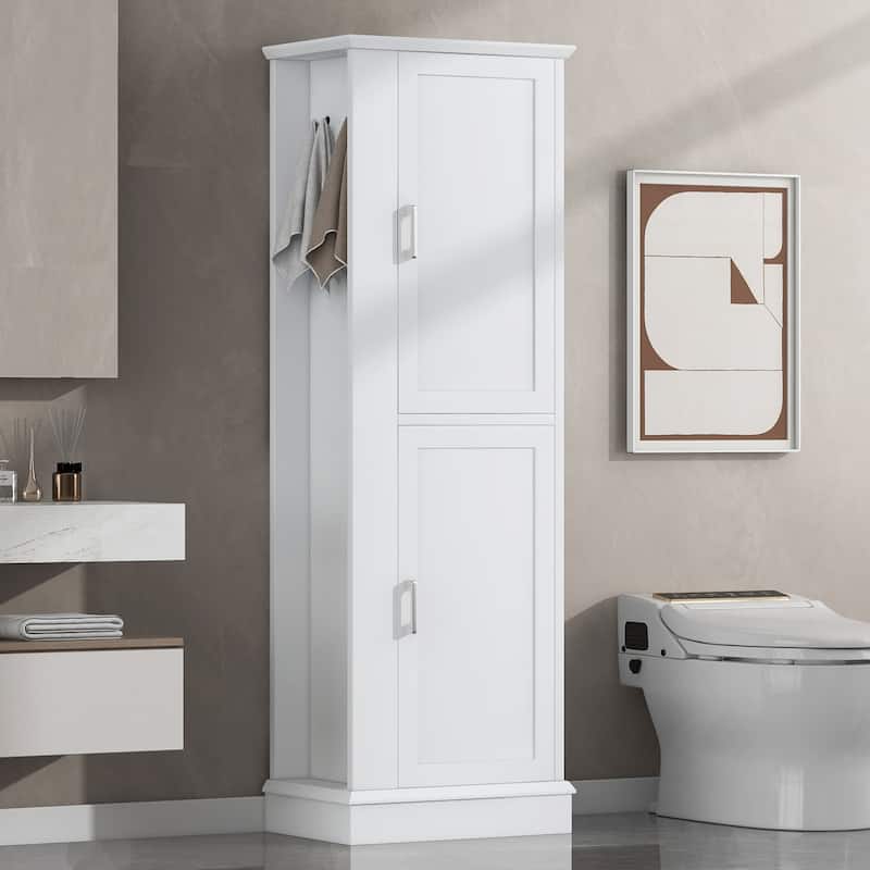 Tall Bathroom Storage Cabinet with Hook and Adjustable Shelf - Colored - White