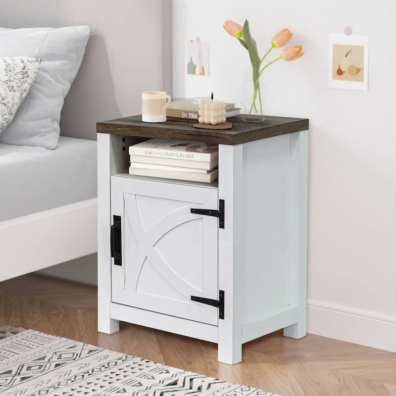 White Farmhouse Barn Door Nightstand End Table with Adjustable Shelves
