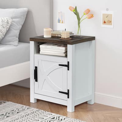 White Farmhouse Barn Door Nightstand End Table with Adjustable Shelves