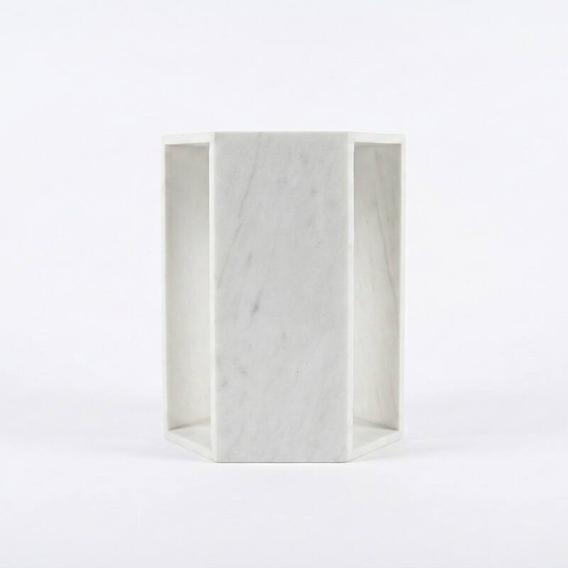 Roomfitters Luxury Natural Marble Hexagon Side Table, Solid Stone Geometric Pedestal End Table, Polished Finish