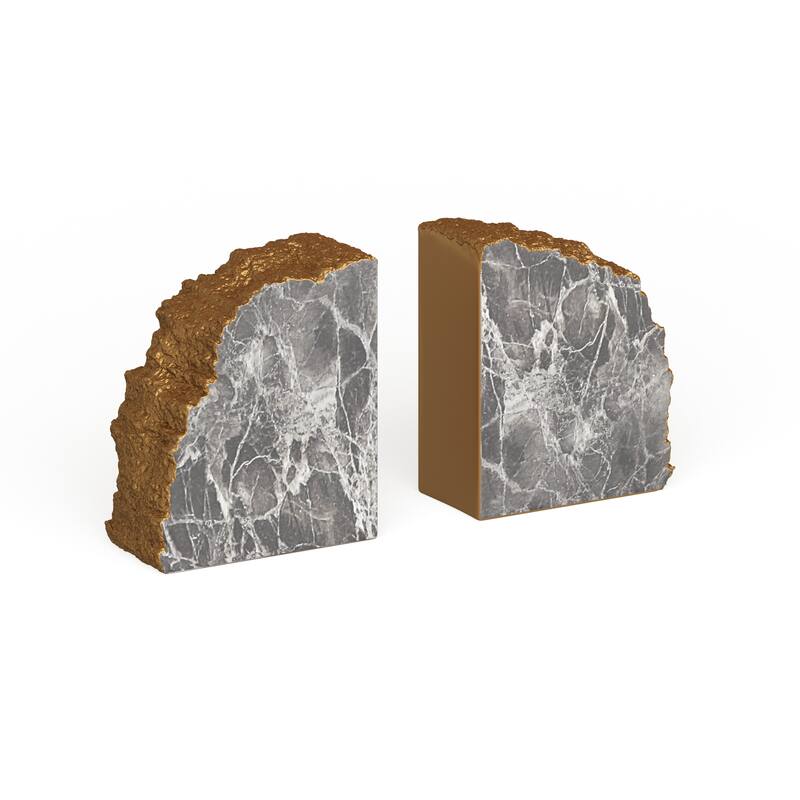 CosmoLiving by Cosmopolitan Gray Polystone Geode Decorative Bookends with Gold Detailing (Set of 2) - Grey