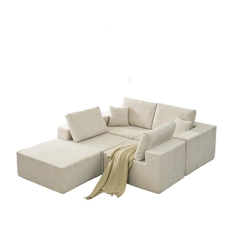 Modular L Shaped Sectional Sofa with Ottoman, Corduroy Boneless Cloud Sofa, 4 Seater Compressed Sofa with 2 Pillows