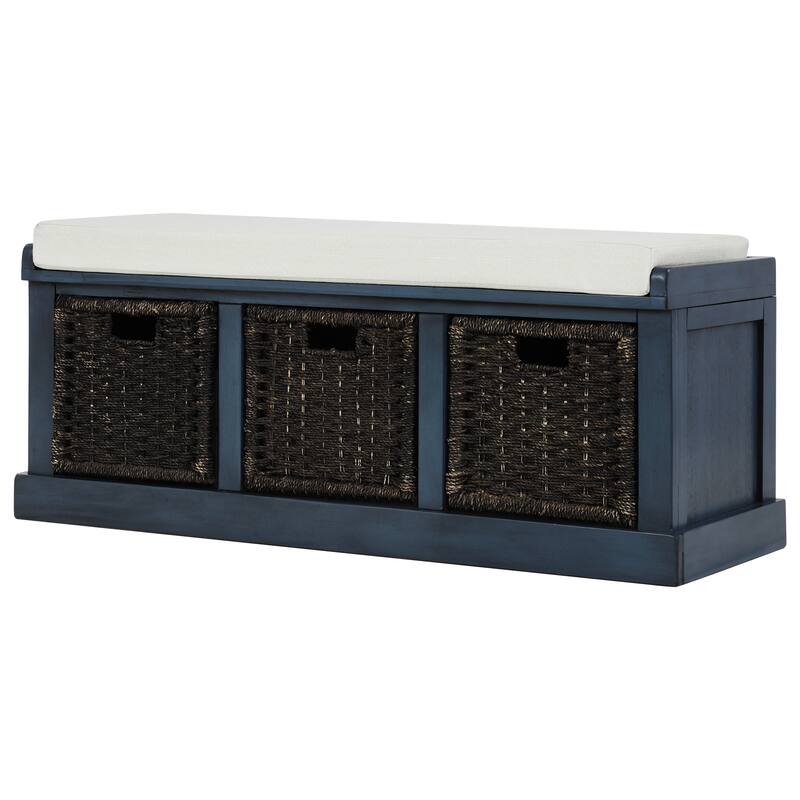 Antique Navy Entryway Classic Storage Bench with 3 Removable Rattan Baskets, Removable Cushion