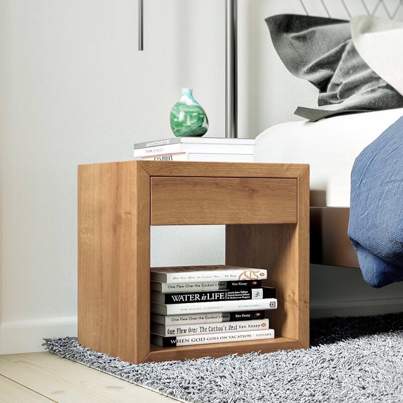Scandinavian Floating Nightstand with Drawer, Solid Oak - Bedroom Side Table