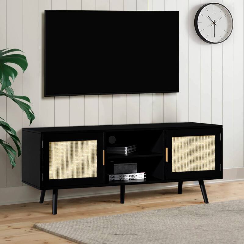 Anmytek Mid-Century Modern Wood Black TV Stand Media Console TV Entertainment Center for TVs up to 55" - 47 inches in width